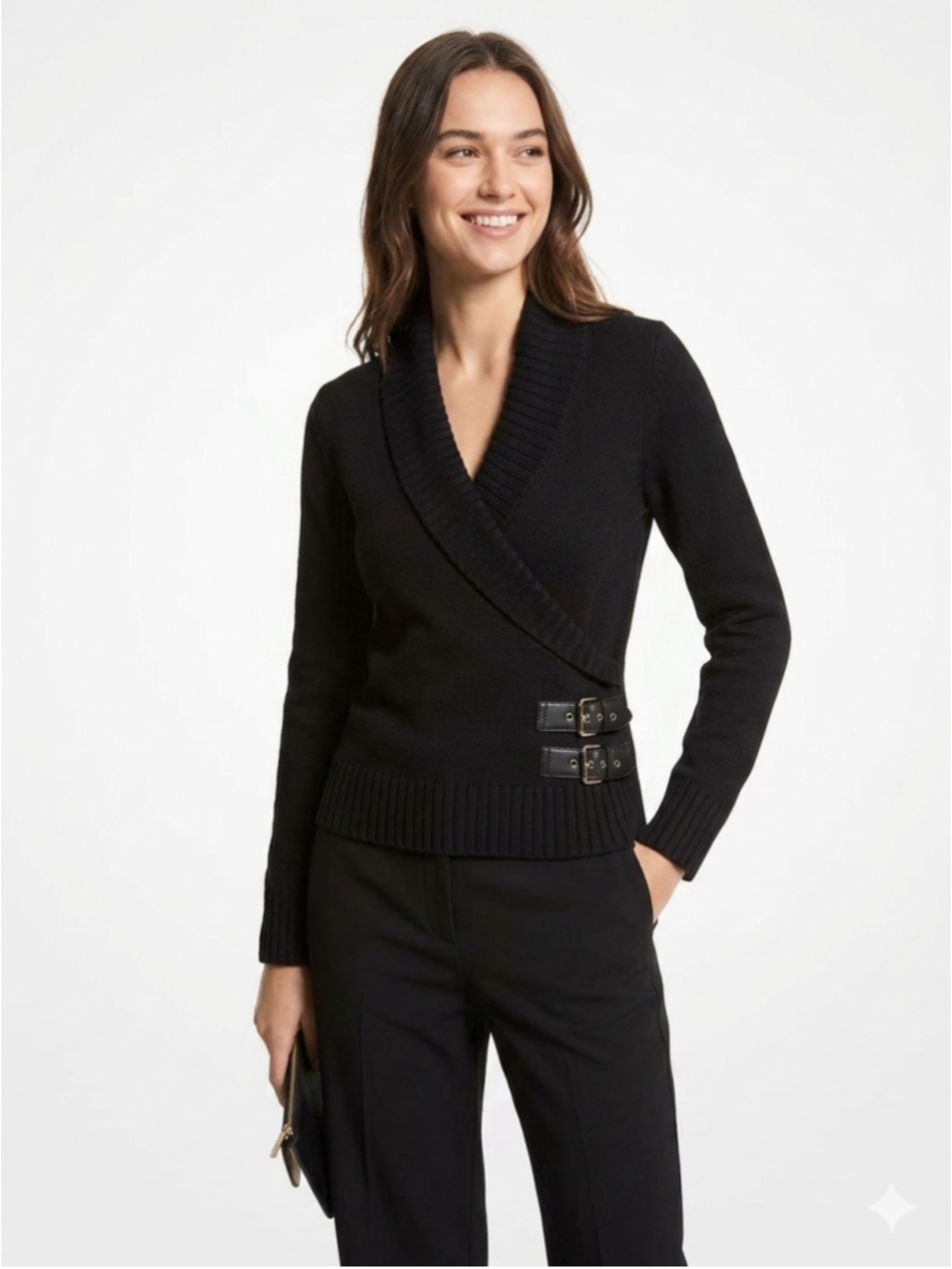 Women's Michael Kors Black Shawl Collar Wrap Sweater Faux Leather Buckle M - 642